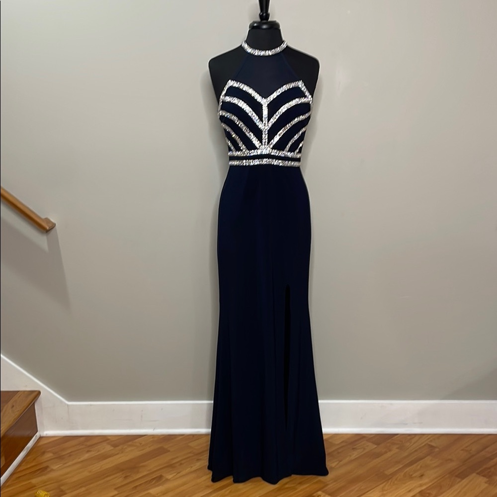 DJ-Jaz Navy Blue Sequin Embellished Halter Gown Size 7